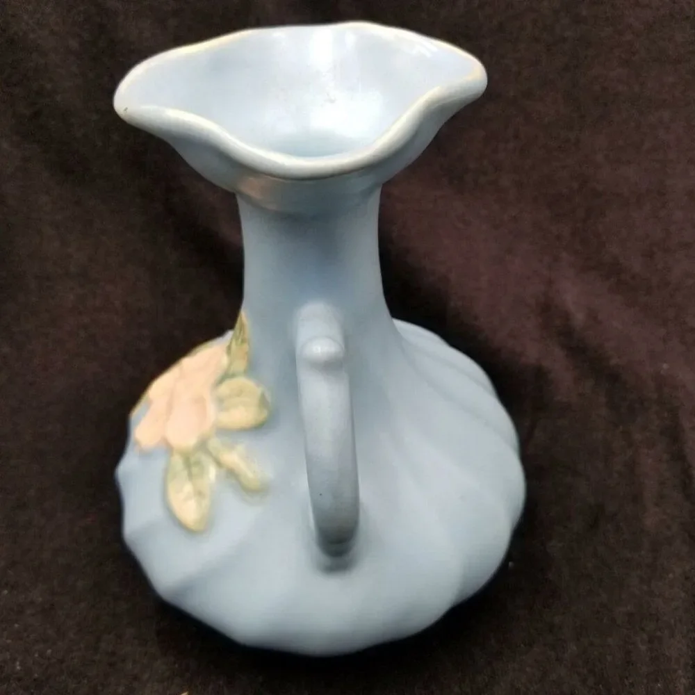 Vintage Blue Weller Pottery Double Handle Vase Magnolia American Pottery 6